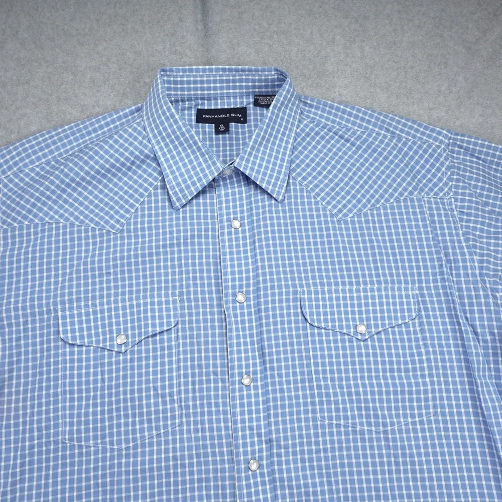 Panhandle Slim‎ Shirt Mens XL Blue Gingham Plaid Western Pearl Snap